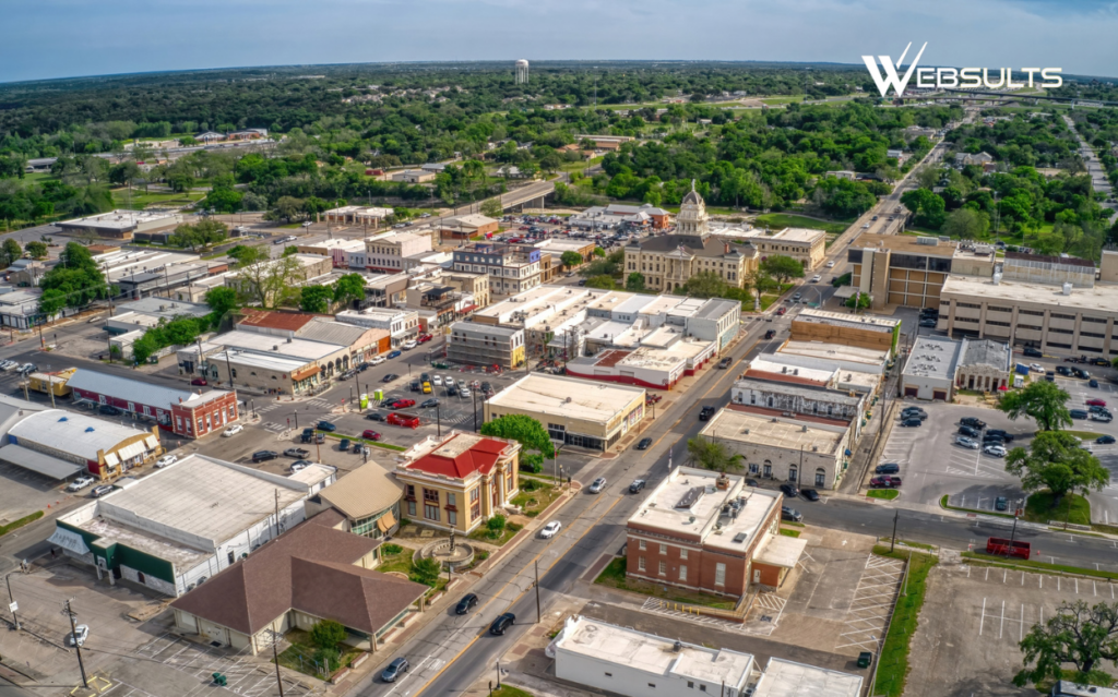 Aerial view of downtown Belton, Texas, with the Bell County Courthouse and surrounding streets