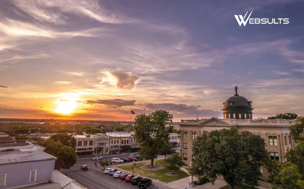 Sunset over downtown Georgetown, Texas, with the Williamson County Courthouse