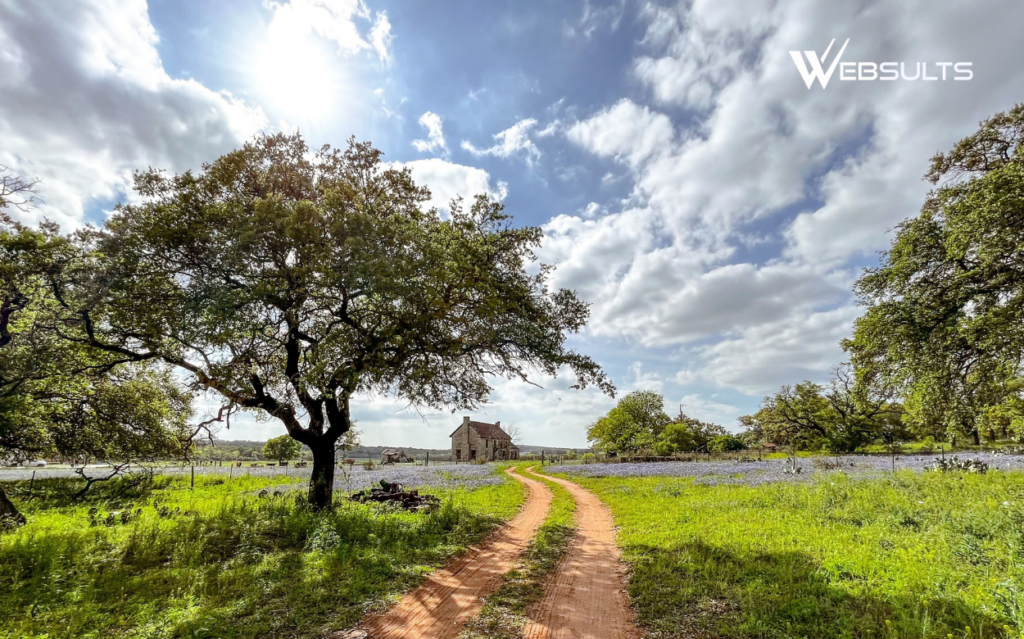 Texas Hill Country landscape near Marble Falls with oak trees, wildflowers, a dirt road, and stone house