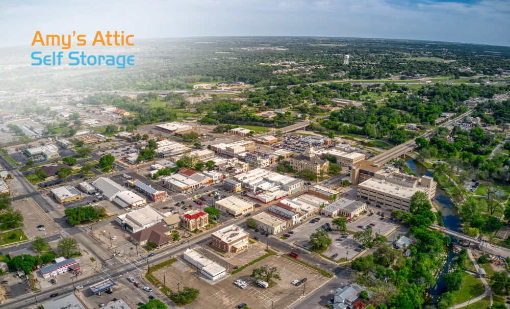 Aerial view of downtown Belton, Texas, secure self storage for first-time renters Amy’s Attic Self Storage