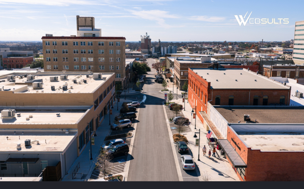 Aerial view of downtown Temple, Texas, with commercial buildings and city streets