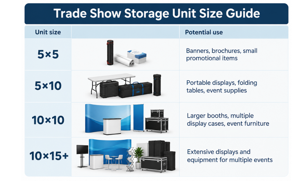 Trade show storage unit size guide comparing 5x5, 5x10, 10x10, and 10x15+ units for storing banners, portable displays, event booths, and promotional equipment.