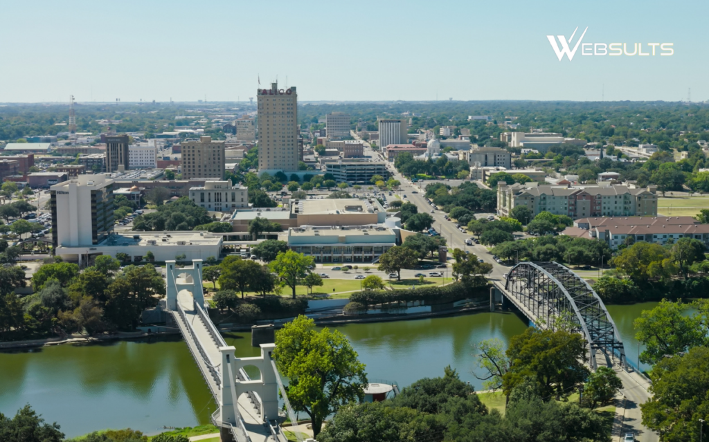 Downtown Waco, Texas, and bridges crossing the Brazos River